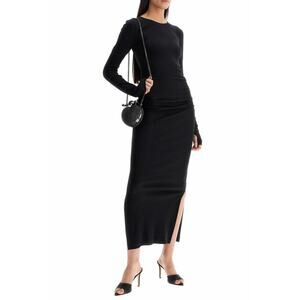 GANNI Soft Cotton Rib Long Sleeve Maxi Dress Black Ruched NWT Size Large